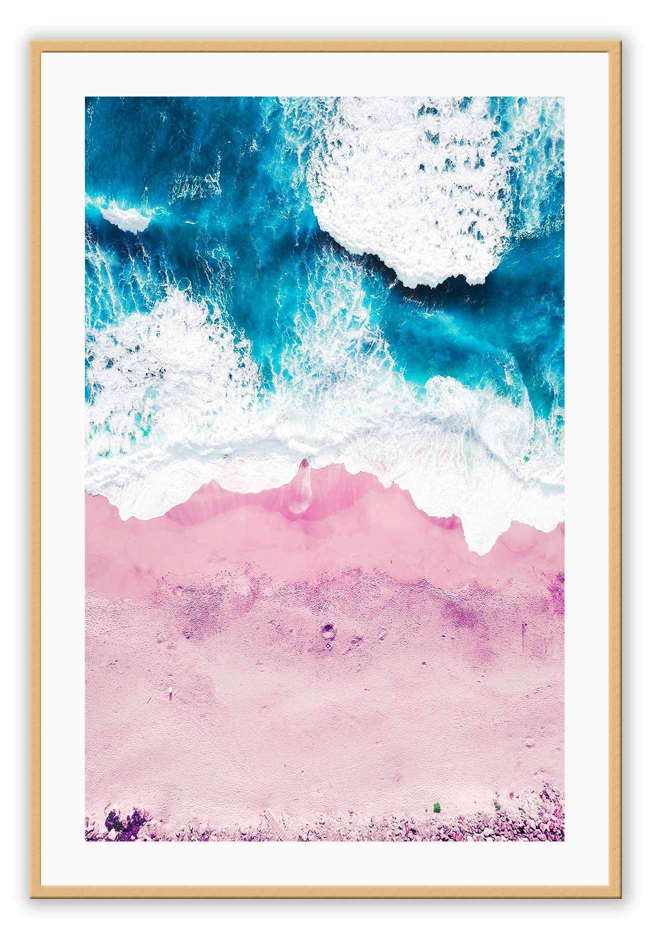 Pink sand ocean photography print with beach ocean sea coastal tones from aerial view.